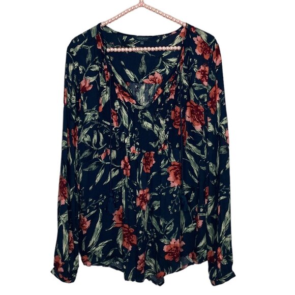 Lucky Brand‎ Small S Blue Floral V-Neck Tie Viscose Boho Long Sleeve Top Blouse - Picture 1 of 4